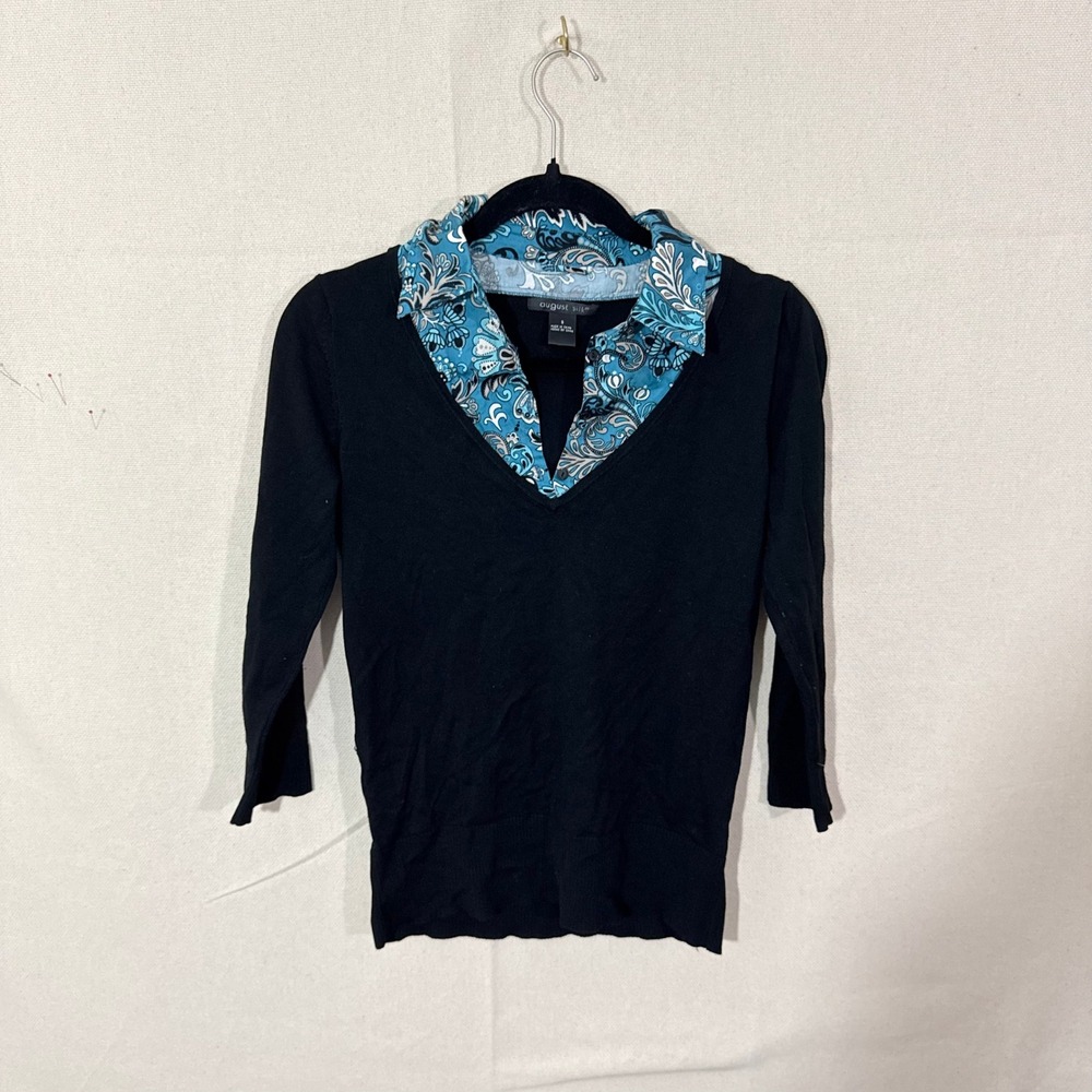 August Silk Womens Black V-Neck Sweater Paisley Collar Layered Silk Blend Small